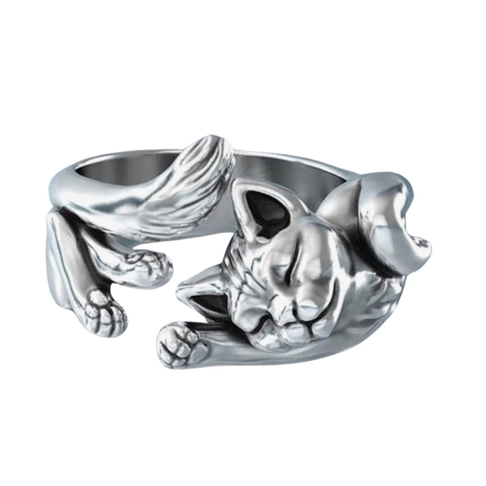 Silver Sleeping Cat Wrap Ring Size 7 Cute Minimalist Animal Jewelry